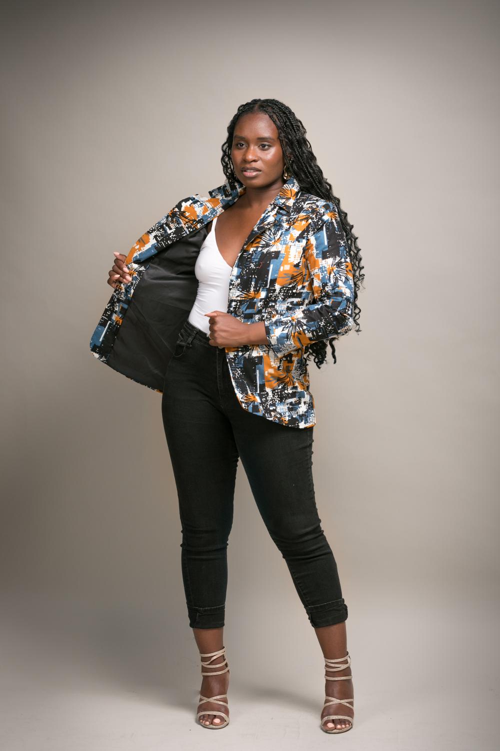 Mia African Print Blazer (Grey)