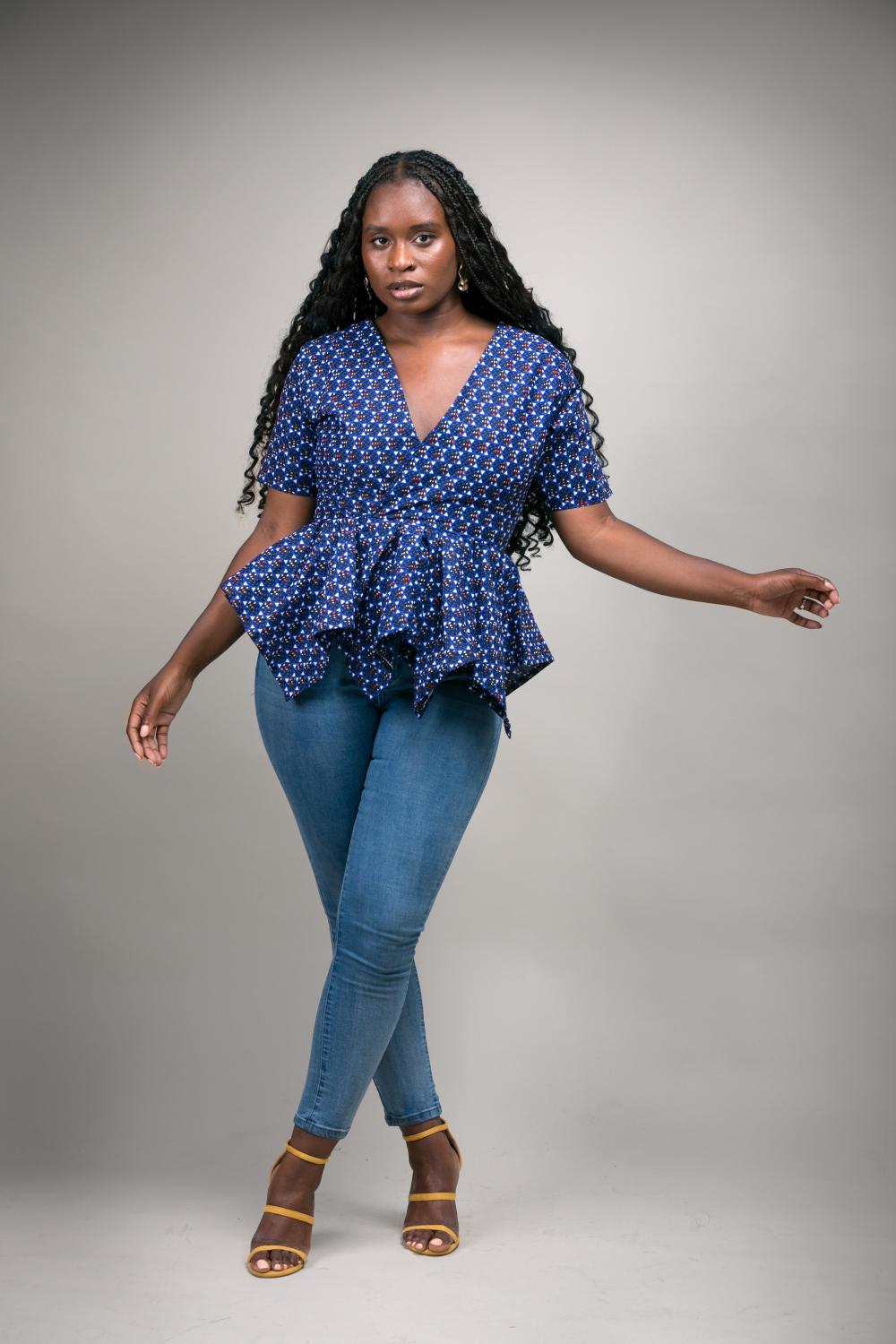 Ayo V-Neck Cinched Waist Peplum Top (Blue)