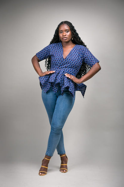 Ayo V-Neck Cinched Waist Peplum Top (Blue)