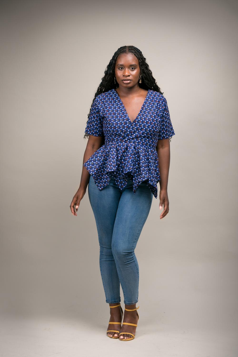 Ayo V-Neck Cinched Waist Peplum Top (Blue)