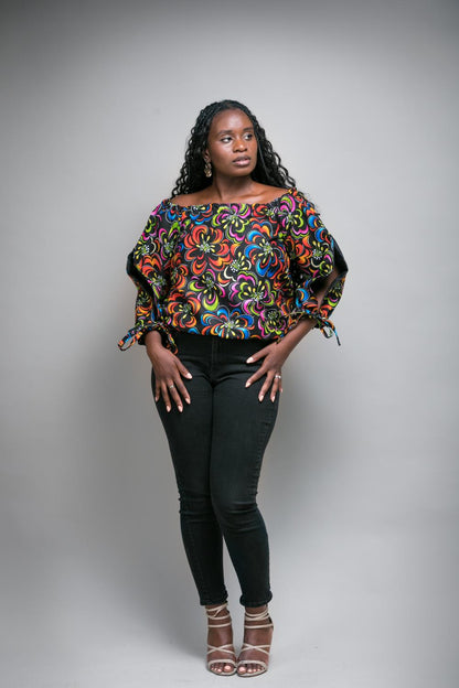 Gigi African Print Drawstring Off-Shoulder Top with Split Arm (Multi-colour)