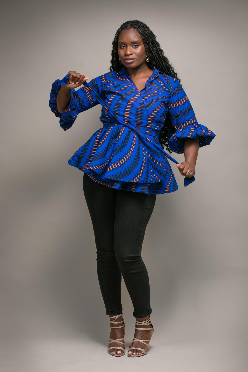 Ari African Print Wrap Top (Blue)