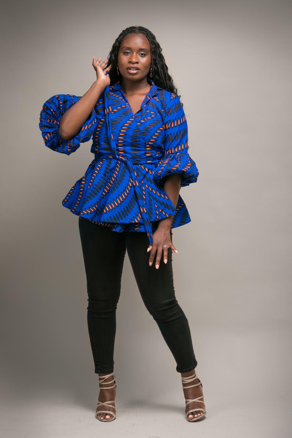 Ari African Print Wrap Top (Blue)