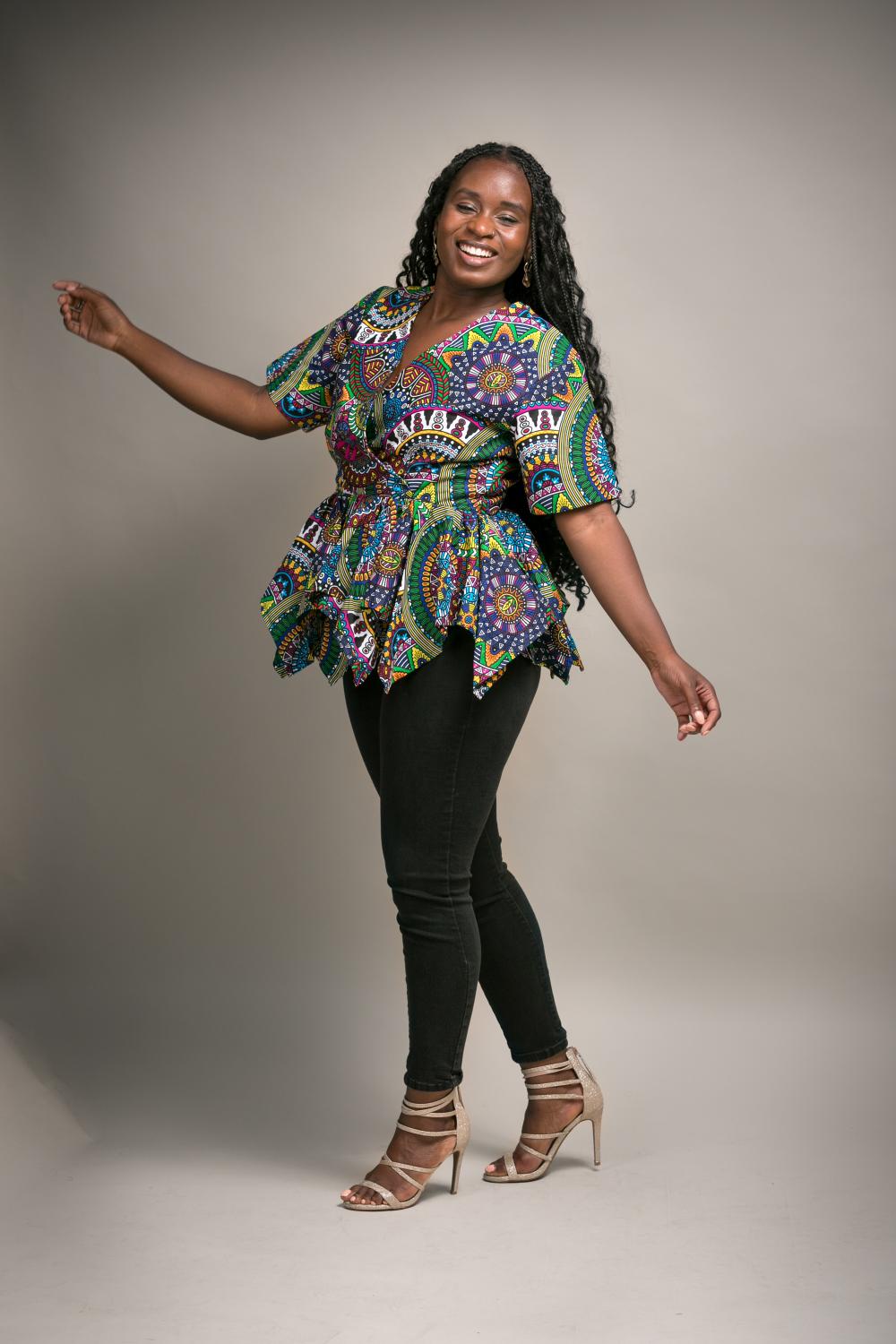 Ayo V-Neck Cinched Waist Peplum Top (Multi colour)