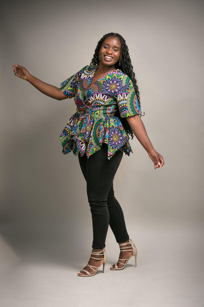 Ayo V-Neck Cinched Waist Peplum Top (Multi colour)