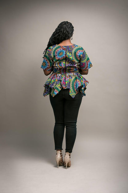 Ayo V-Neck Cinched Waist Peplum Top (Multi colour)