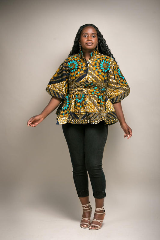 Ade African Print Puff Sleeve Peplum Top