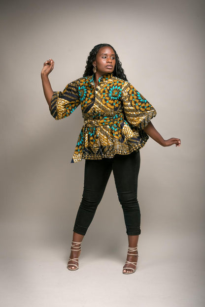 Ade African Print Puff Sleeve Peplum Top