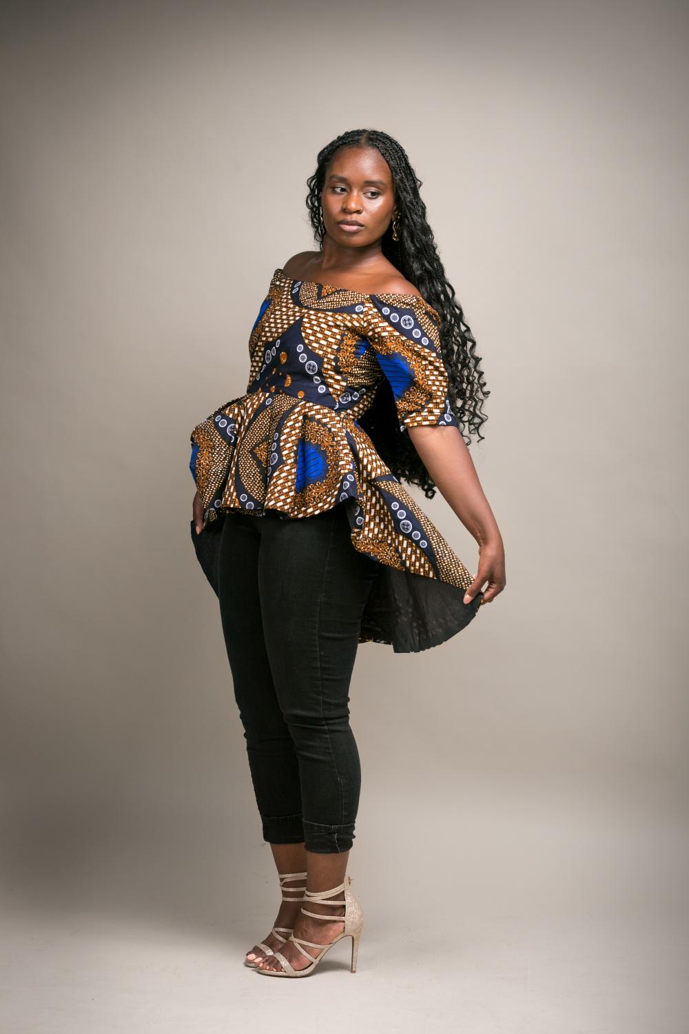 Mimi African Print High Low Peplum Top (Brown)